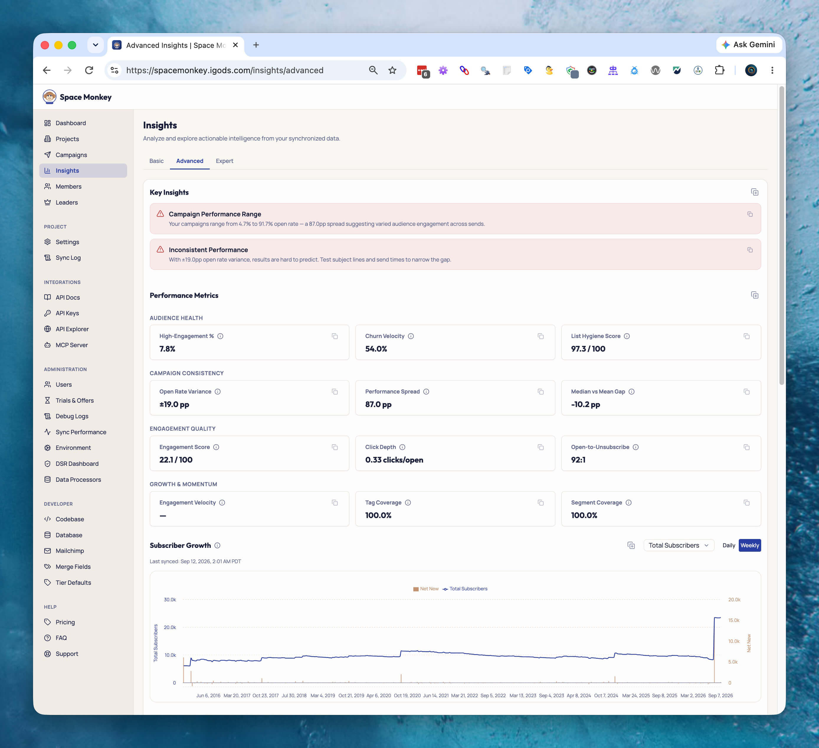 Advanced Insights page with plain-language key insight banners, performance metric cards for audience health and consistency, and a subscriber growth chart